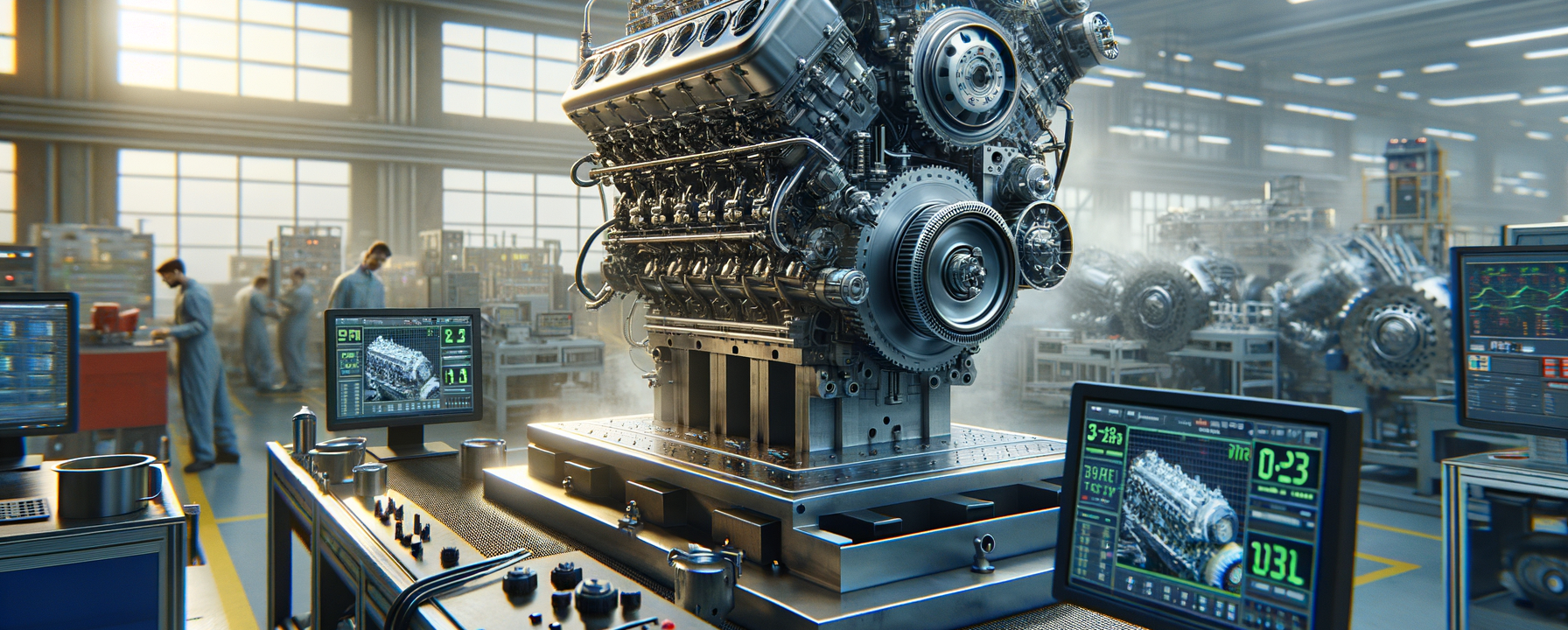 A large engine sitting on a test bench